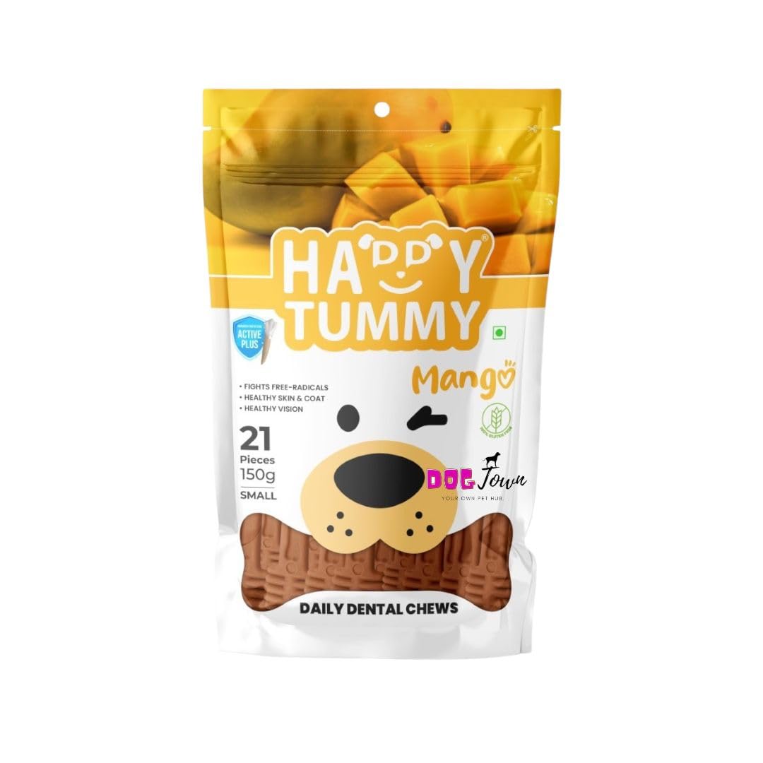 Happy Tummy Dental Chews for Dogs - 150g (21 Pieces) | Mango Flavoured Chewy Treats for Pets