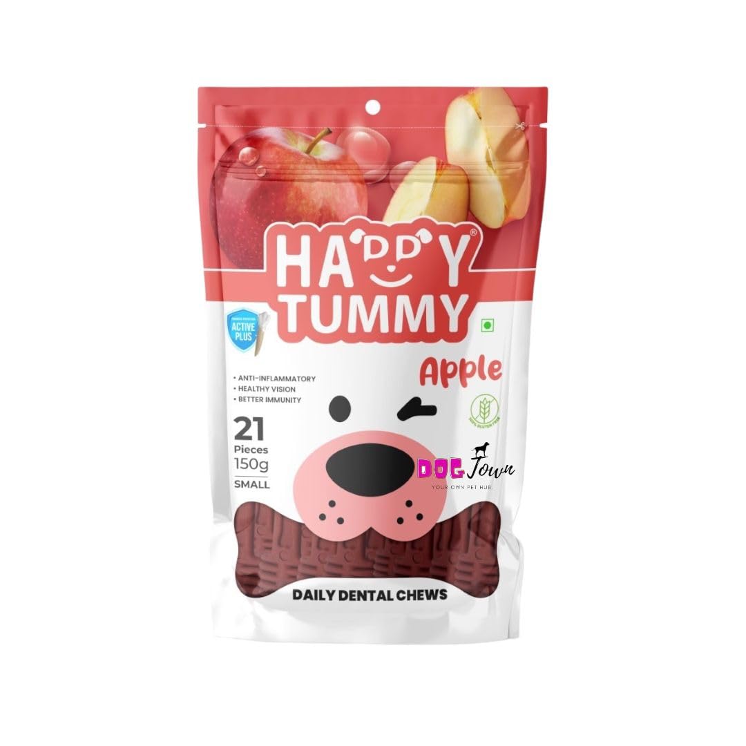 Happy Tummy Dental Chews for Dogs - 150g (21 Pieces) | Apple Flavoured Chewy Treats for Pets