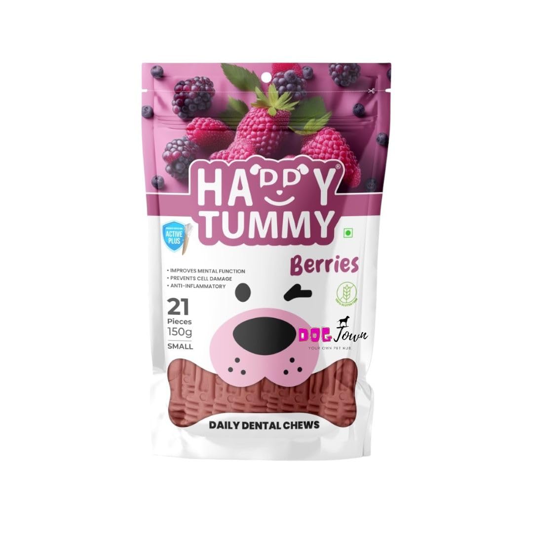 Happy Tummy Dental Chews for Dogs - 150g (21 Pieces) | Berries Flavoured Chewy Treats for Pets